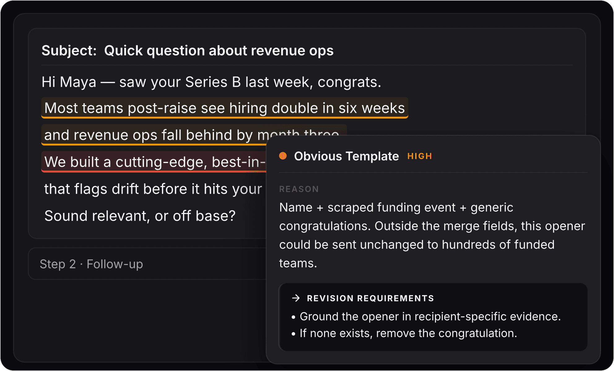 Quality Check highlights phrases in a cold email and explains an Obvious Template finding.